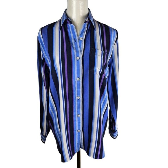 Lauren Ralph Lauren Silk Shirt Small Striped Oversized Button-Down Blue & Purple - Picture 1 of 8